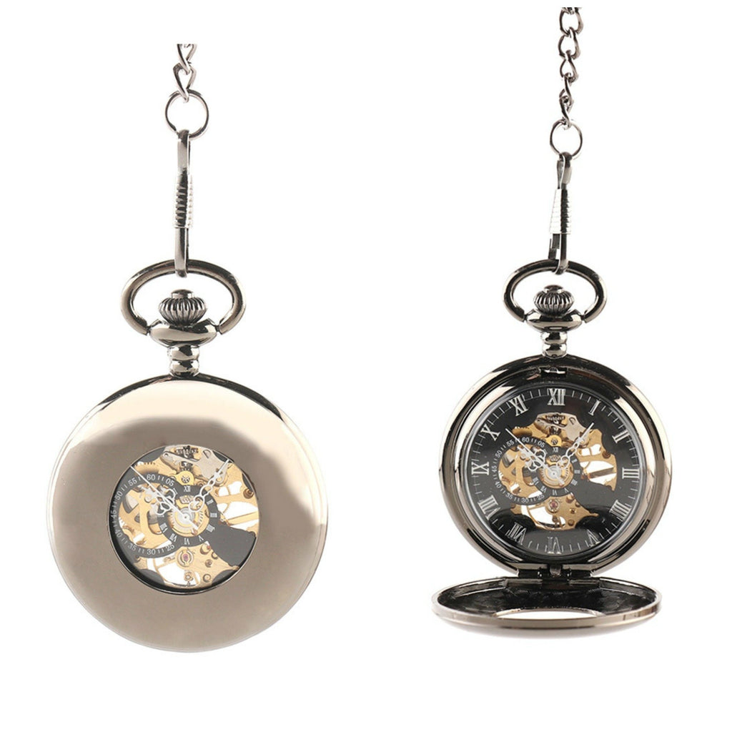 Black Half Hunter Mechanical Hand Wind Pocket Watch - Minimum Mouse