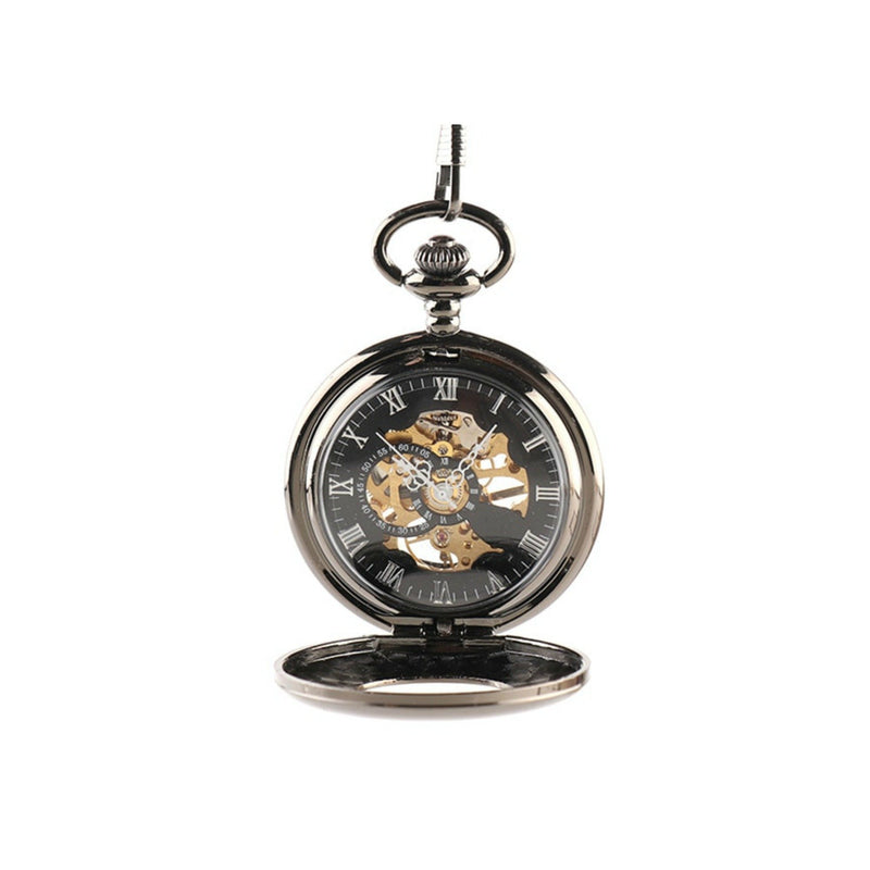 Black Half Hunter Mechanical Hand Wind Pocket Watch - Minimum Mouse