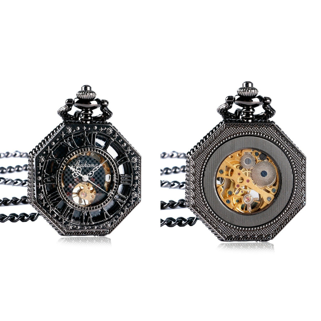 Black Octagonal Mechanical Hand Wind Pocket Watch - Minimum Mouse