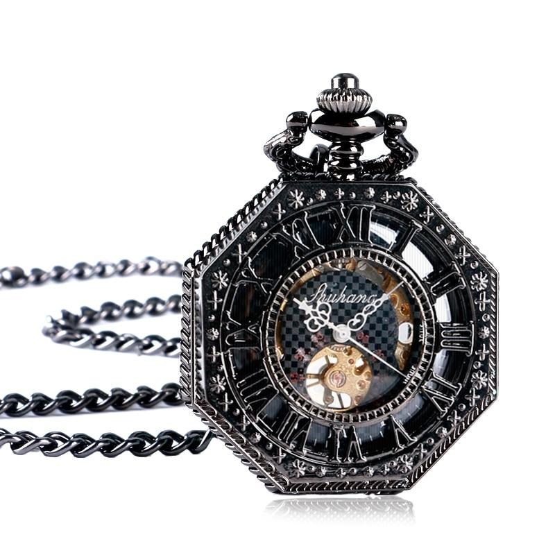 Black Octagonal Mechanical Hand Wind Pocket Watch - Minimum Mouse