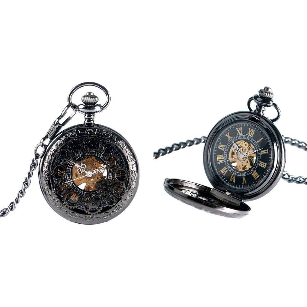 Black Steampunk Cogs Mechanical Hand Wind Pocket Watch - Minimum Mouse