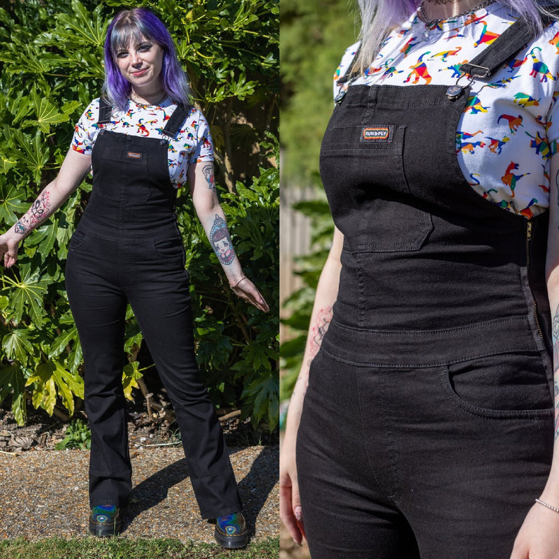 Black Stretch Denim Skinny Flared Dungarees by Run and Fly - Minimum Mouse