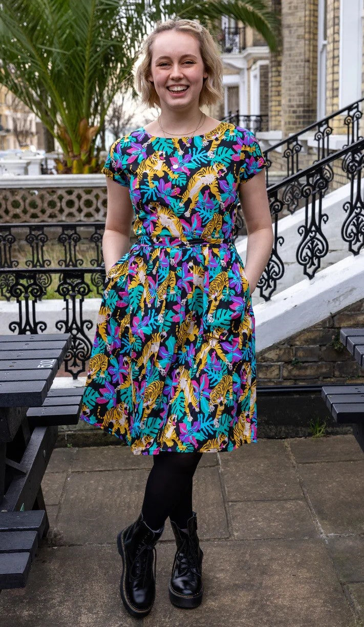 Black Tiger Lily Print Cotton Tea Dress with Pockets by Run and Fly