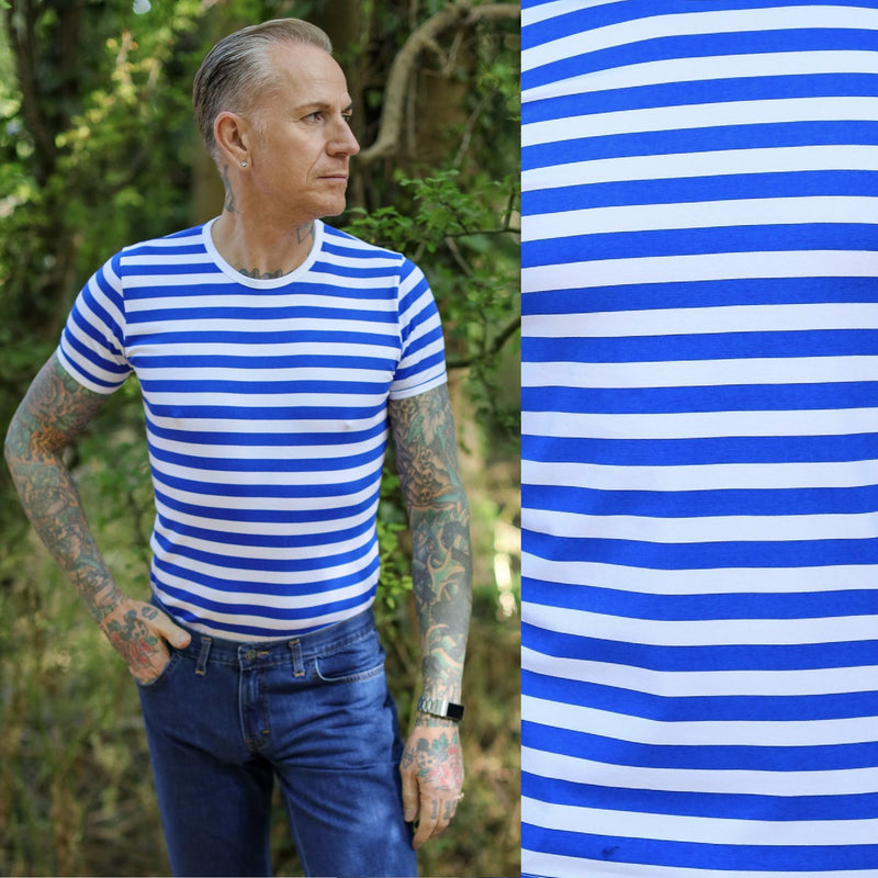 Blue and White Stripe Print T Shirt by Run and Fly Short Sleeve - Minimum Mouse