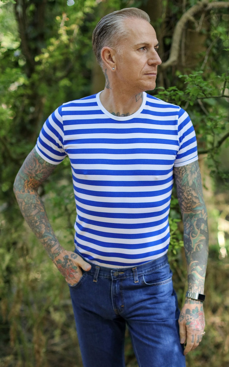 Blue and White Stripe Print T Shirt by Run and Fly Short Sleeve - Minimum Mouse