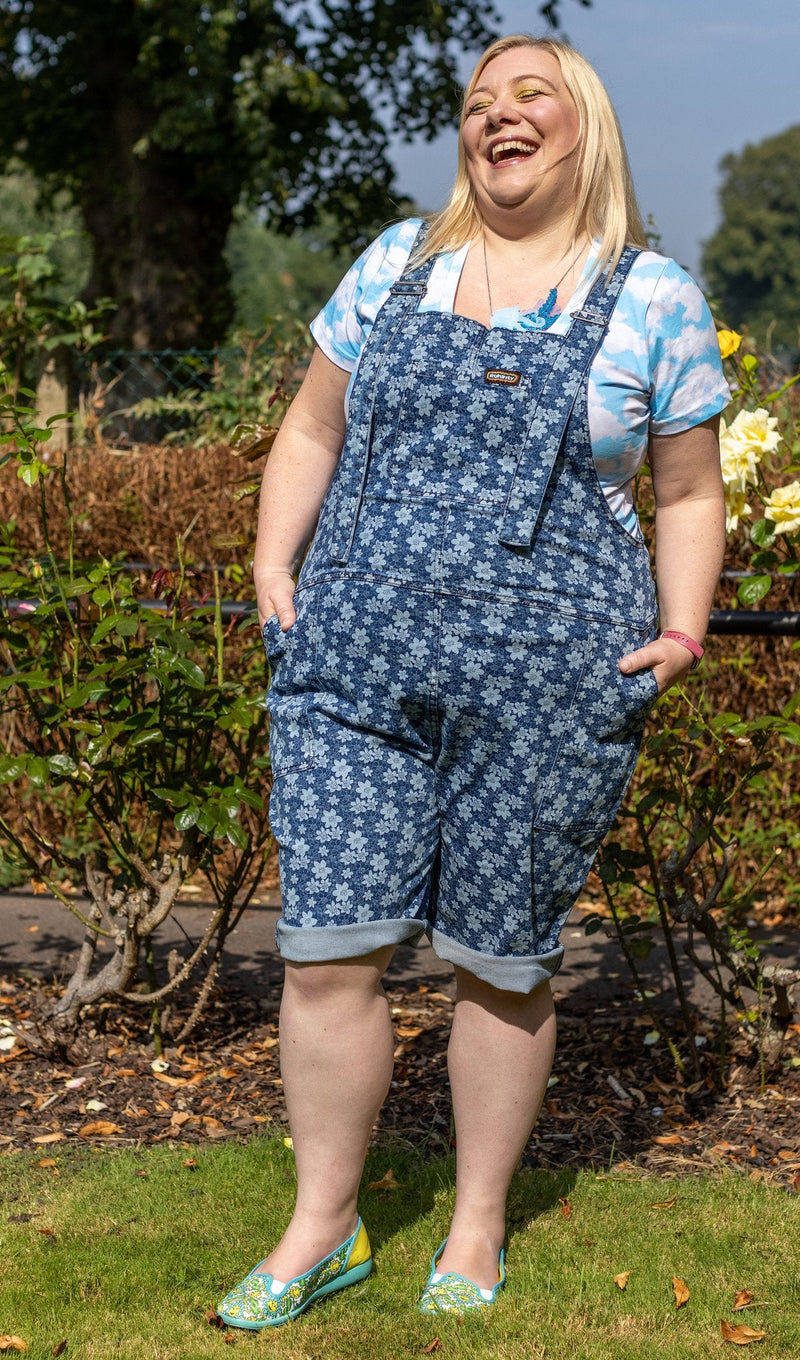 Blue Denim Daisy Print Shorts Dungarees by Run and Fly - Minimum Mouse