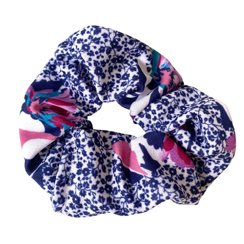 Blue Floral Print Scrunchie - Made From Vintage Fabric - Minimum Mouse