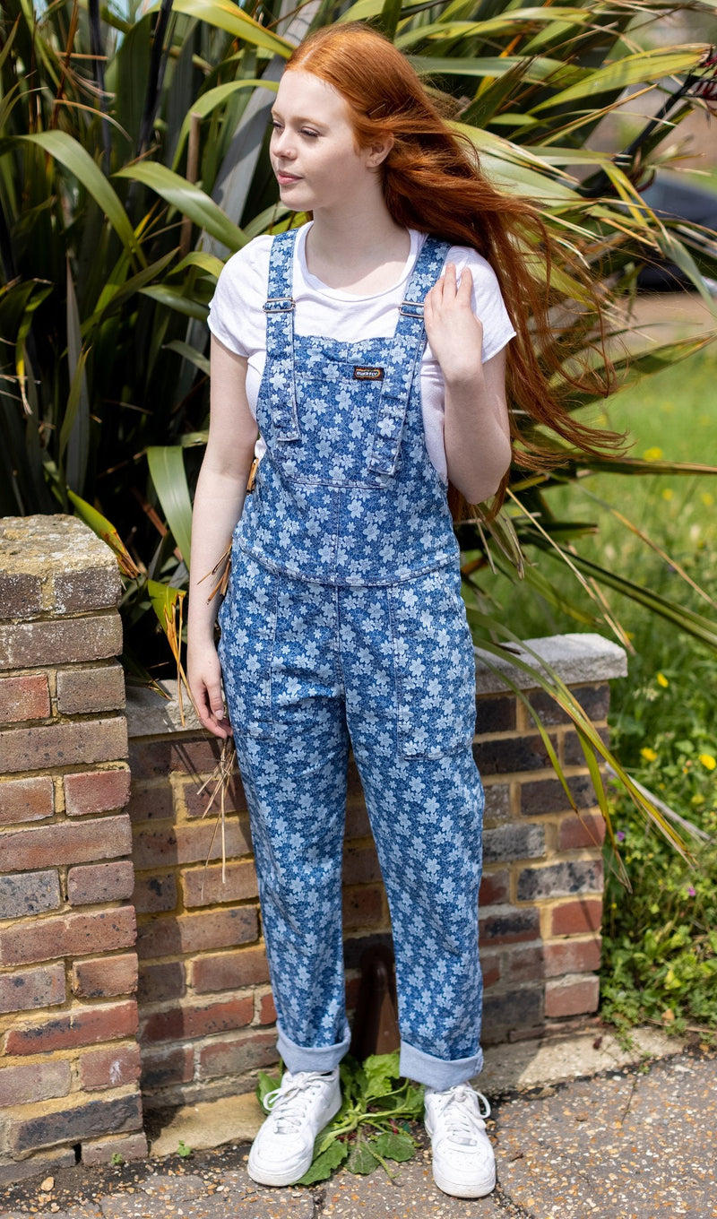 Blue Stretch Denim Daisy Print Dungarees by Run and Fly - Minimum Mouse