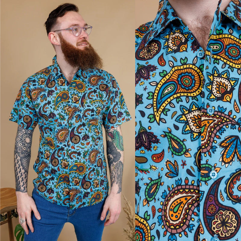 Blue Paisley Print Shirt by Run and Fly - Short Sleeved