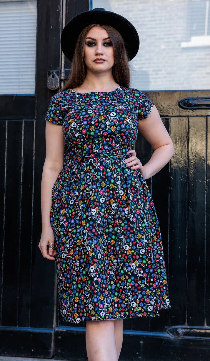 Boogie Bones Print Cotton Tea Dress with Pockets by Run and Fly
