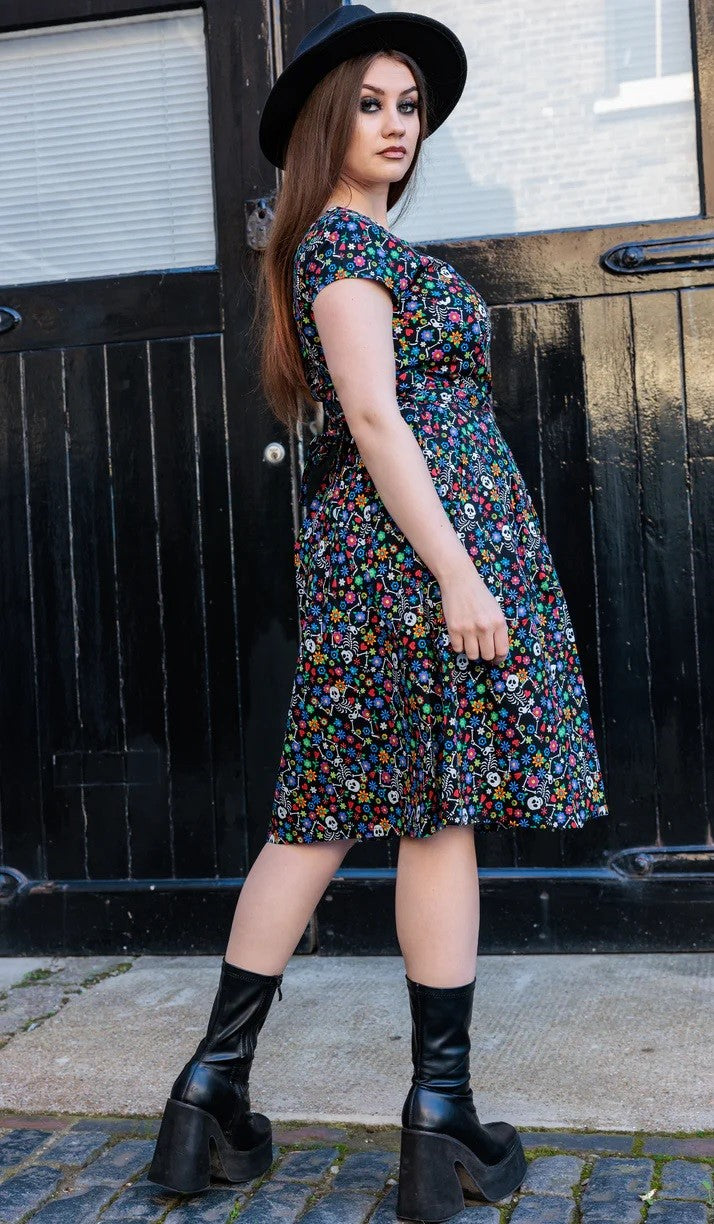 Boogie Bones Print Cotton Tea Dress with Pockets by Run and Fly