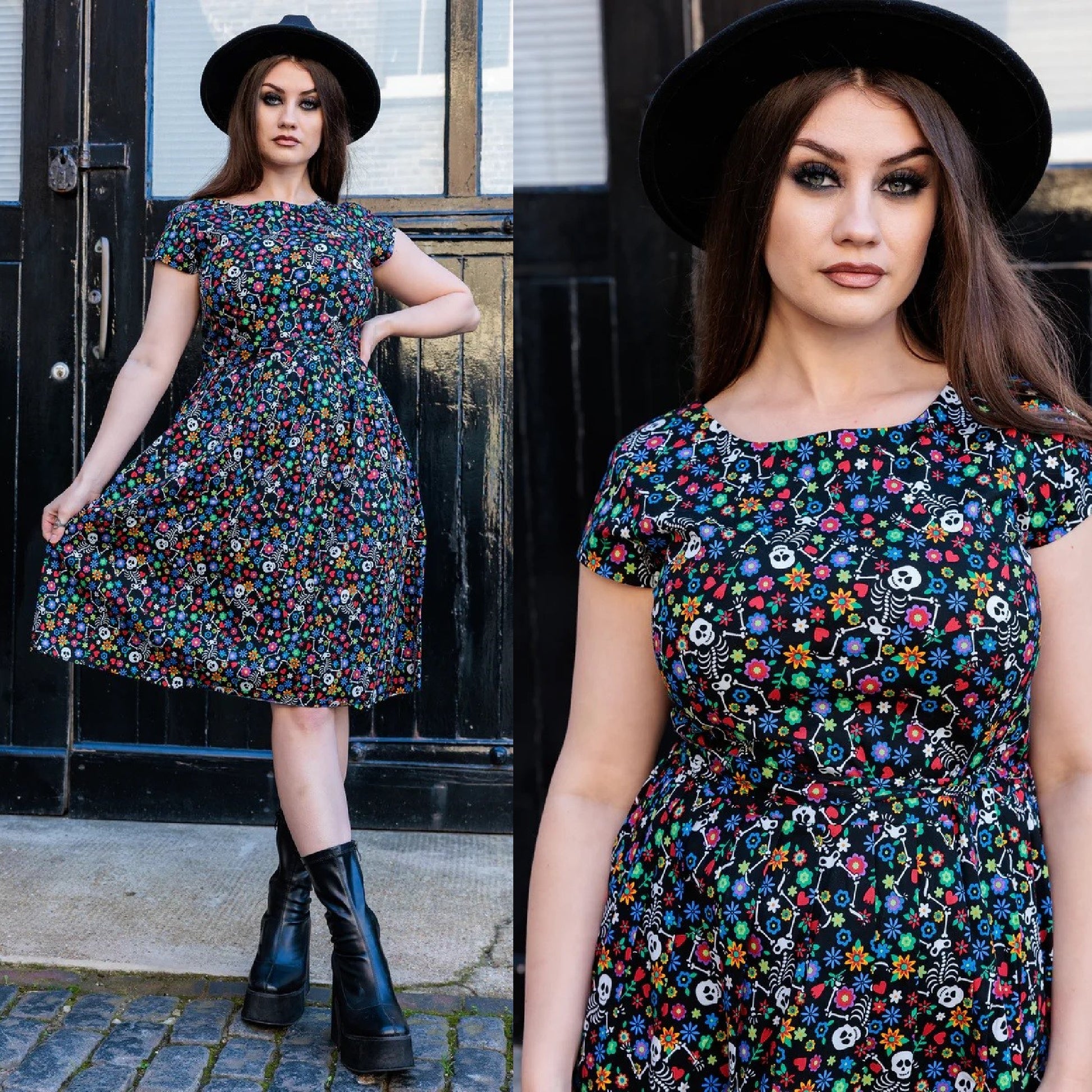 Boogie Bones Print Cotton Tea Dress with Pockets by Run and Fly