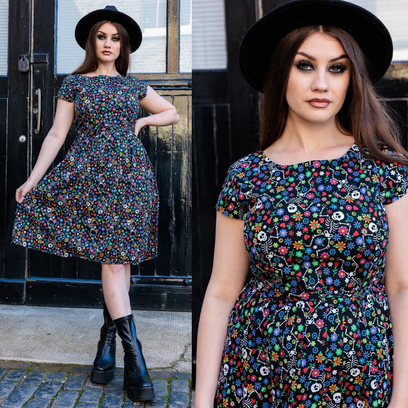 Boogie Bones Print Cotton Tea Dress with Pockets by Run and Fly