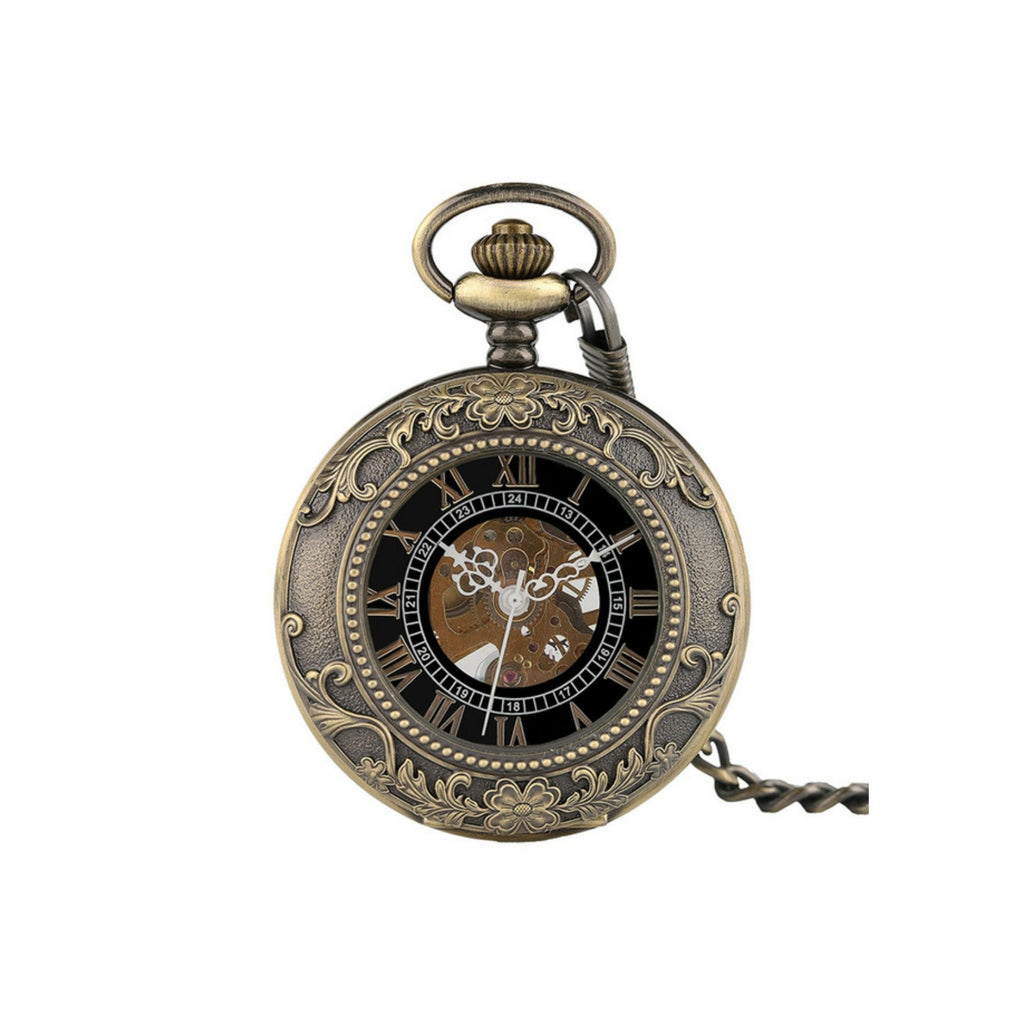 Bronze Floral Detail Mechanical Hand Wind Pocket Watch - Minimum Mouse