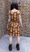 Brown Retro Flowers Print Cotton Tea Dress with Pockets by Run and Fly