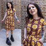 Brown Retro Flowers Print Cotton Tea Dress with Pockets by Run and Fly