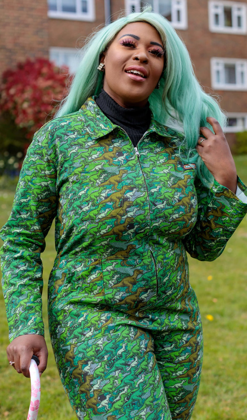 Run and Fly Green Camo Dinosaur Print Boiler Suit Jumpsuit