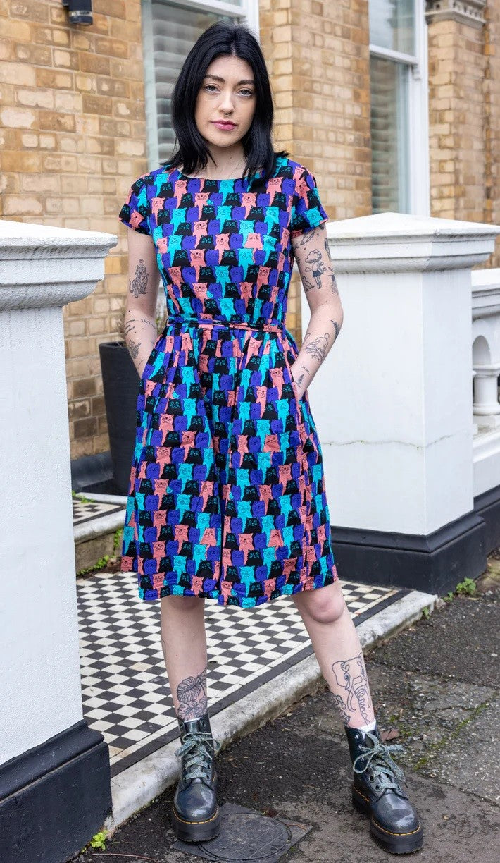 Cats Chorus Print Cotton Tea Dress with Pockets by Run and Fly