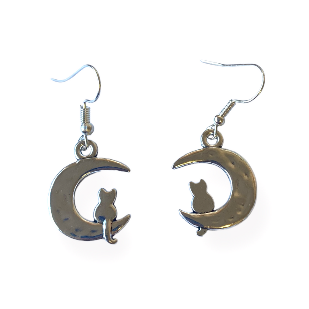Cat Crescent Moon Earrings Cute Kitsch Quirky Dangle Witchy