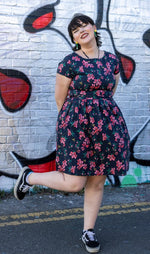 Black Cherry Blossom Print Cotton Tea Dress with Pockets by Run and Fly