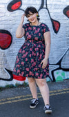 Black Cherry Blossom Print Cotton Tea Dress with Pockets by Run and Fly