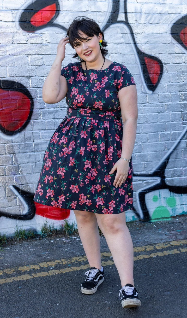Black Cherry Blossom Print Cotton Tea Dress with Pockets by Run and Fly
