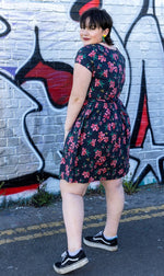 Black Cherry Blossom Print Cotton Tea Dress with Pockets by Run and Fly