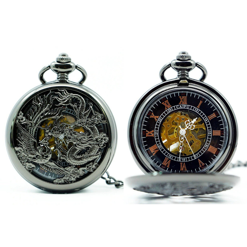 Chinese Dragon Black Mechanical Hand Wind Pocket Watch - Minimum Mouse