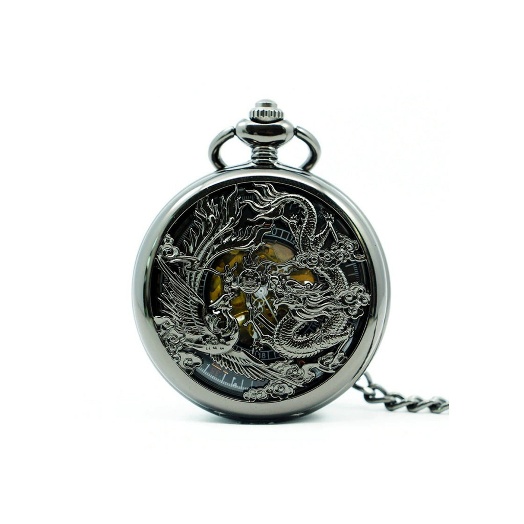 Chinese Dragon Black Mechanical Hand Wind Pocket Watch - Minimum Mouse