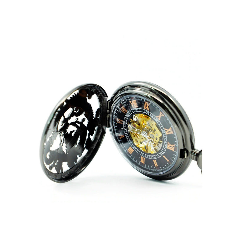 Chinese Dragon Black Mechanical Hand Wind Pocket Watch - Minimum Mouse