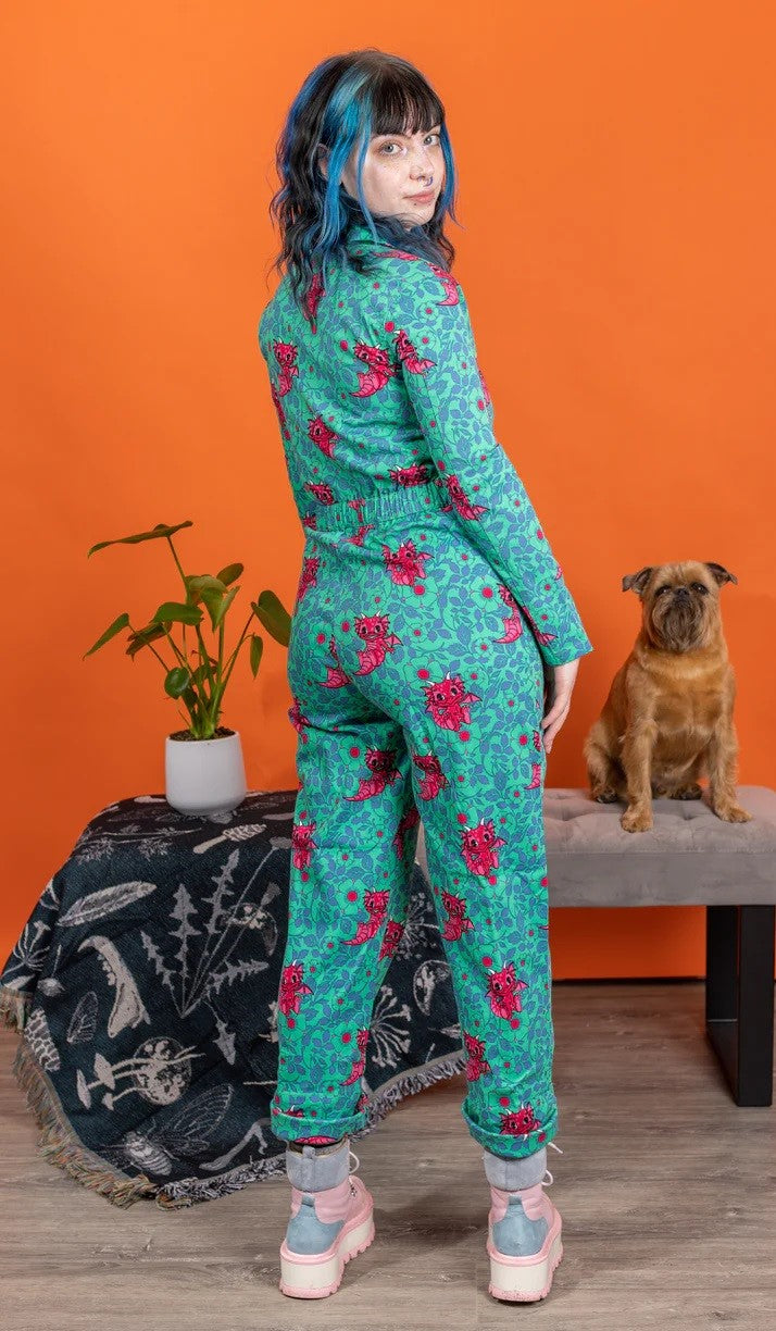 Cute Dragon Print Stretch Twill Boiler Suit by Run and Fly