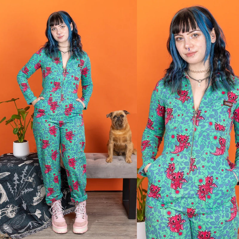 Cute Dragon Print Stretch Twill Boiler Suit by Run and Fly