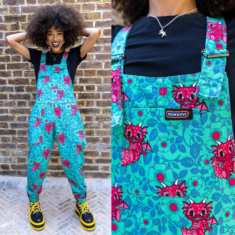 Cute Dragon Print Stretch Twill Cotton Dungarees by Run and Fly