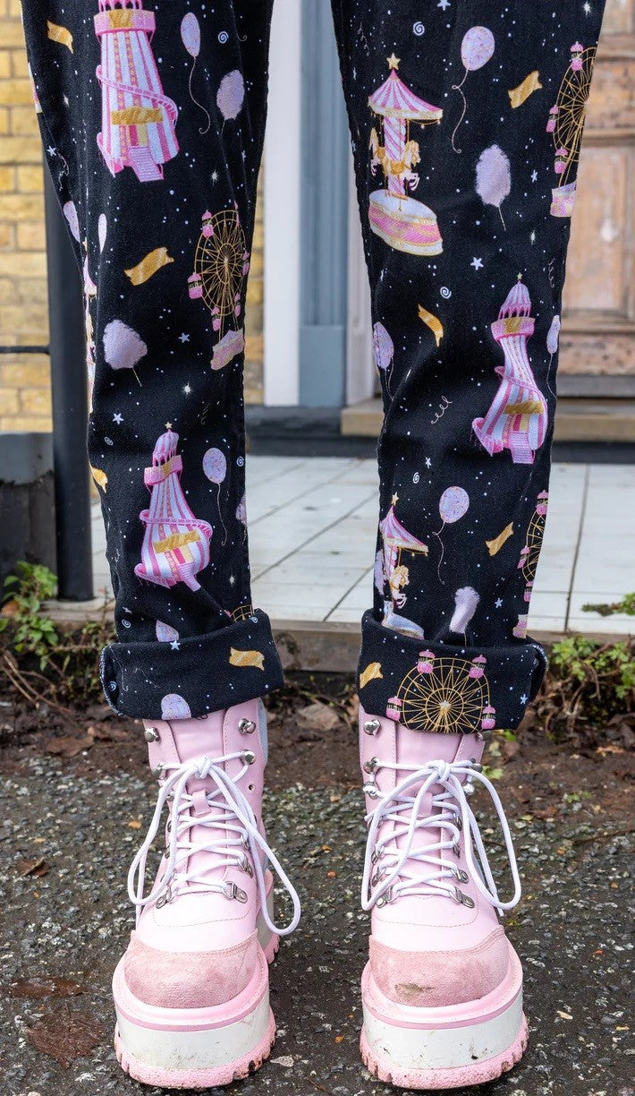 Black Fairground Print Stretch Twill Cotton Dungarees by Run and Fly