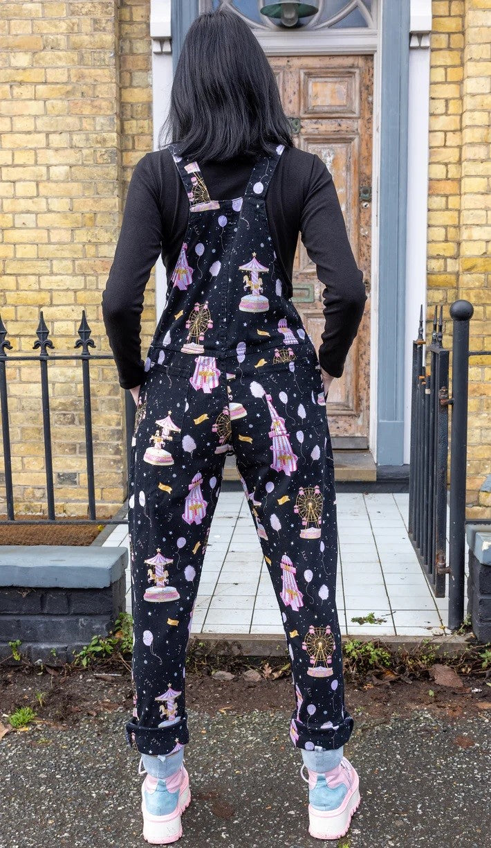 Black Fairground Print Stretch Twill Cotton Dungarees by Run and Fly