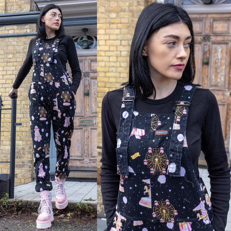 Black Fairground Print Stretch Twill Cotton Dungarees by Run and Fly