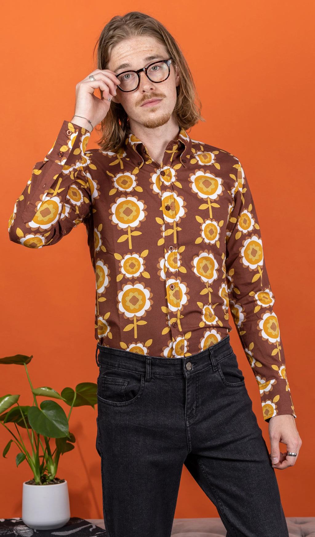 Brown Retro Flowers Print Shirt by Run and Fly