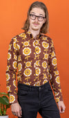 Brown Retro Flowers Print Shirt by Run and Fly