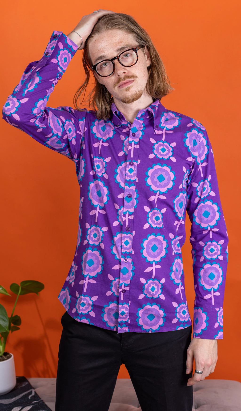 Purple Retro Flowers Print Shirt by Run and Fly