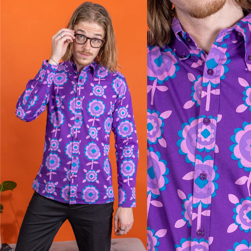 Purple Retro Flowers Print Shirt by Run and Fly