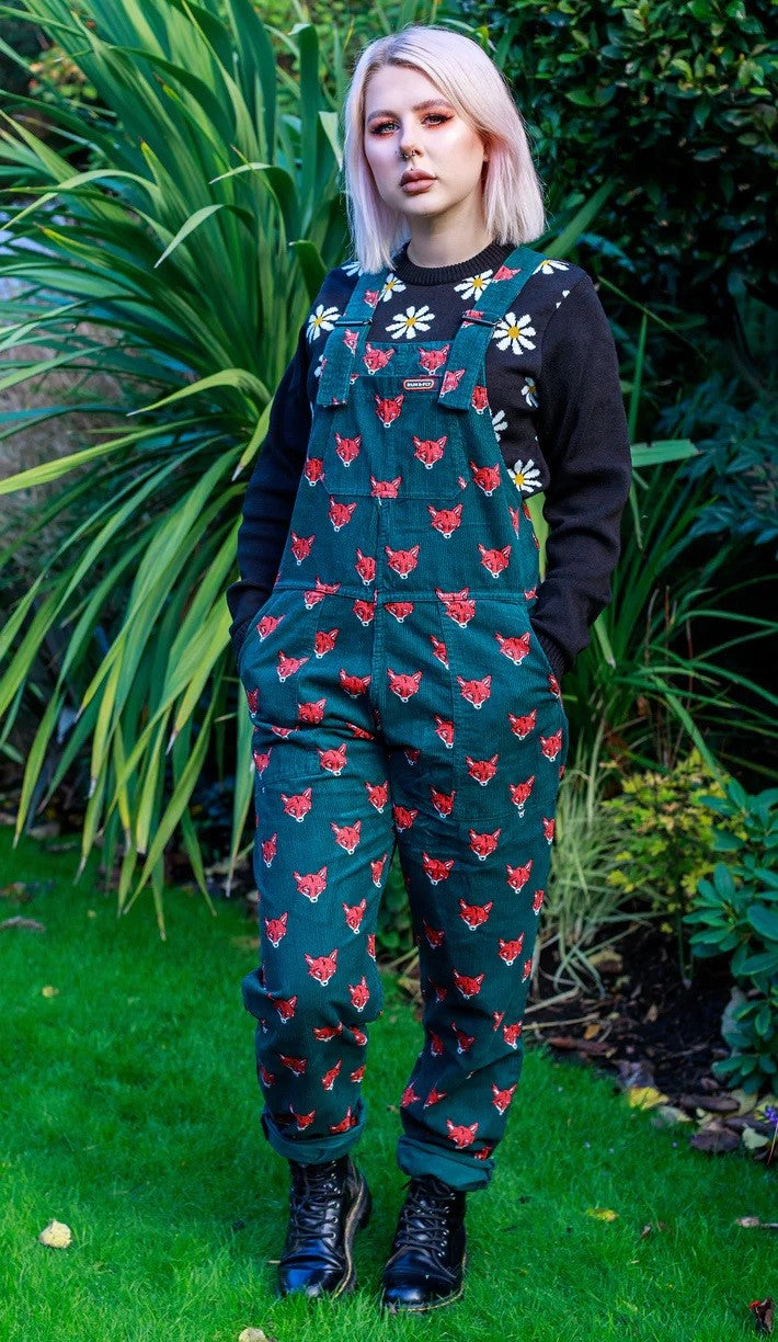 Fox Print Stretch Corduroy Dungarees by Run and Fly