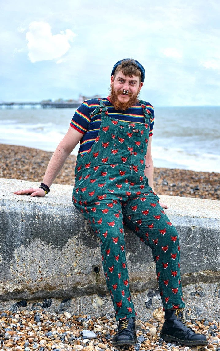 Fox Print Stretch Corduroy Dungarees by Run and Fly