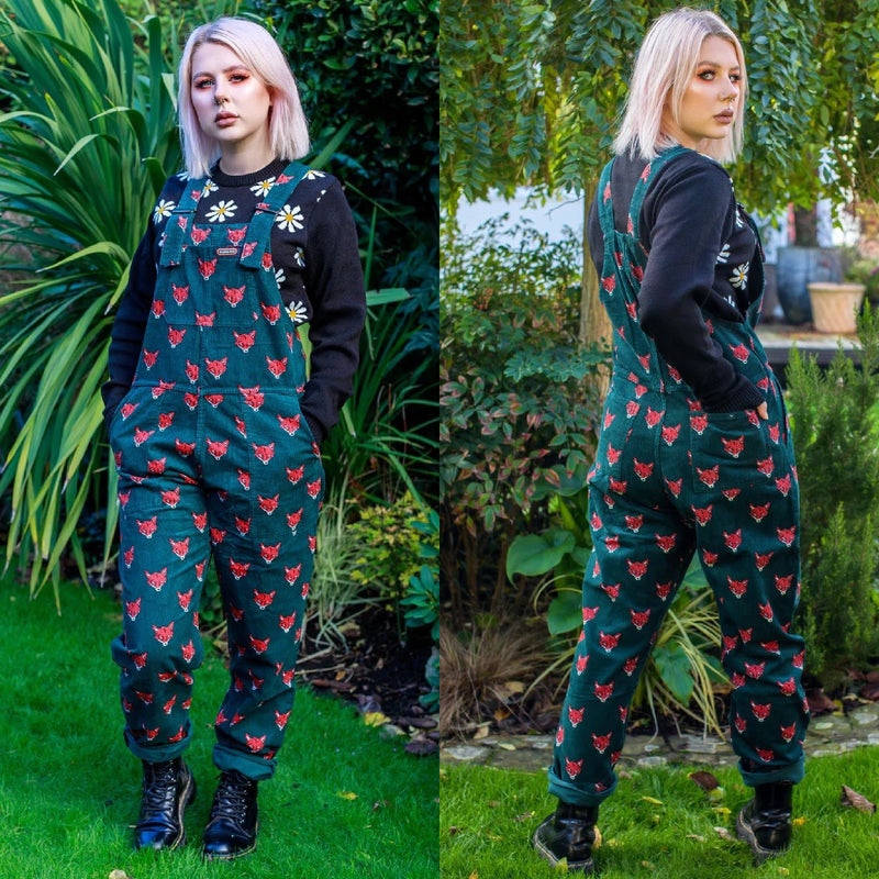 Fox Print Stretch Corduroy Dungarees by Run and Fly