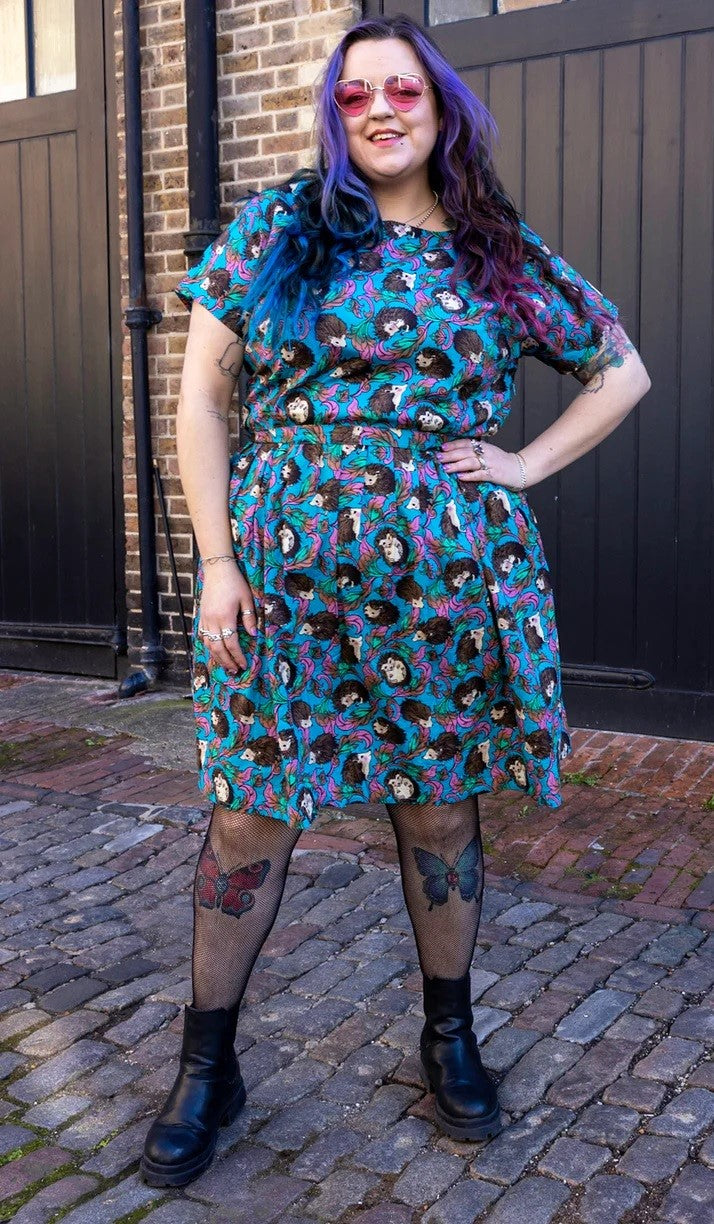 Hedgehog Print Cotton Tea Dress with Pockets by Run and Fly