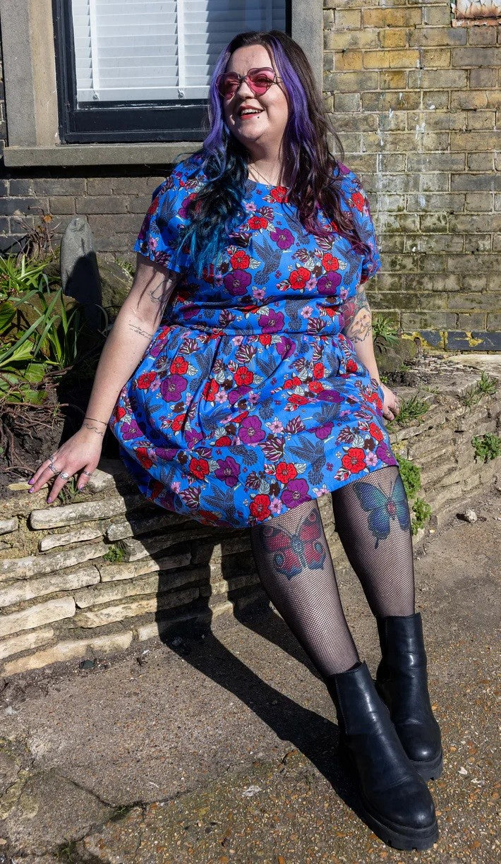 Hummingbird Print Cotton Tea Dress with Pockets by Run and Fly