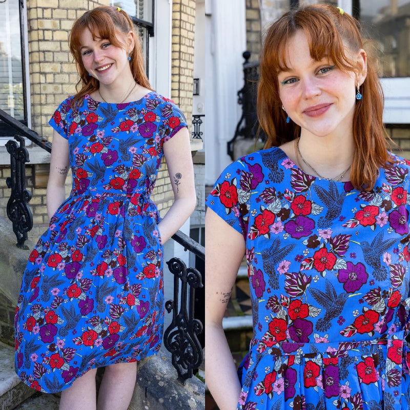 Hummingbird Print Cotton Tea Dress with Pockets by Run and Fly