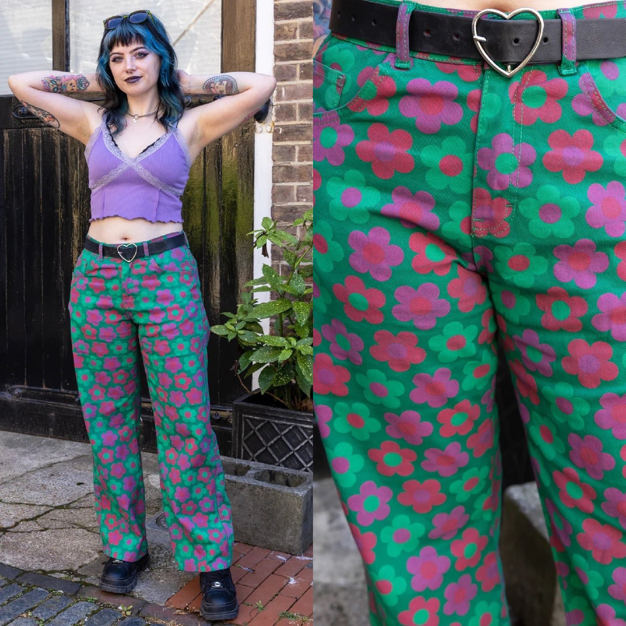 Run and Fly Retro Flower Print Wide Leg Jeans Green Purple Pink