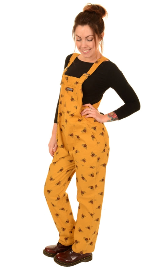 Gold Bee Print Dungarees in Twill Cotton by Run and Fly