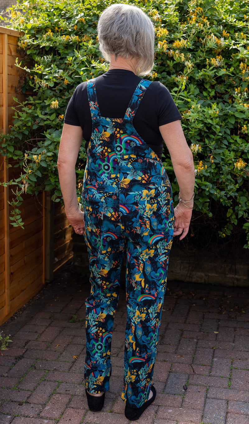 Jurassic World Dinosaurs Print Dungarees in Black Stretch Twill Cotton by Run and Fly - Minimum Mouse