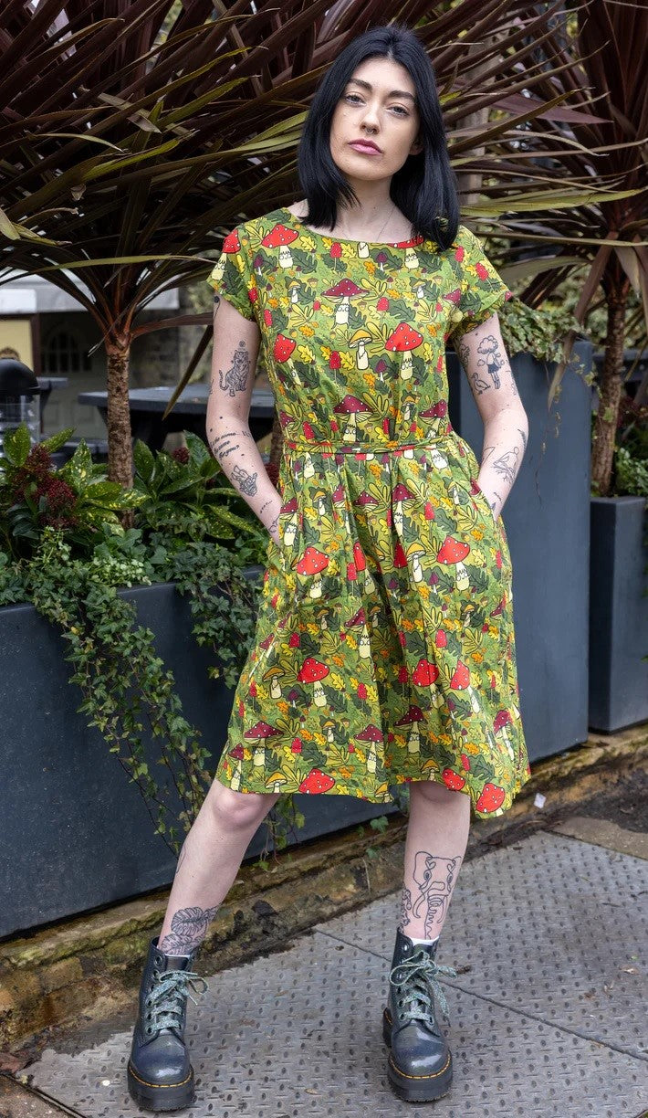 Katie Abey Mushroom Print Cotton Tea Dress with Pockets by Run and Fly